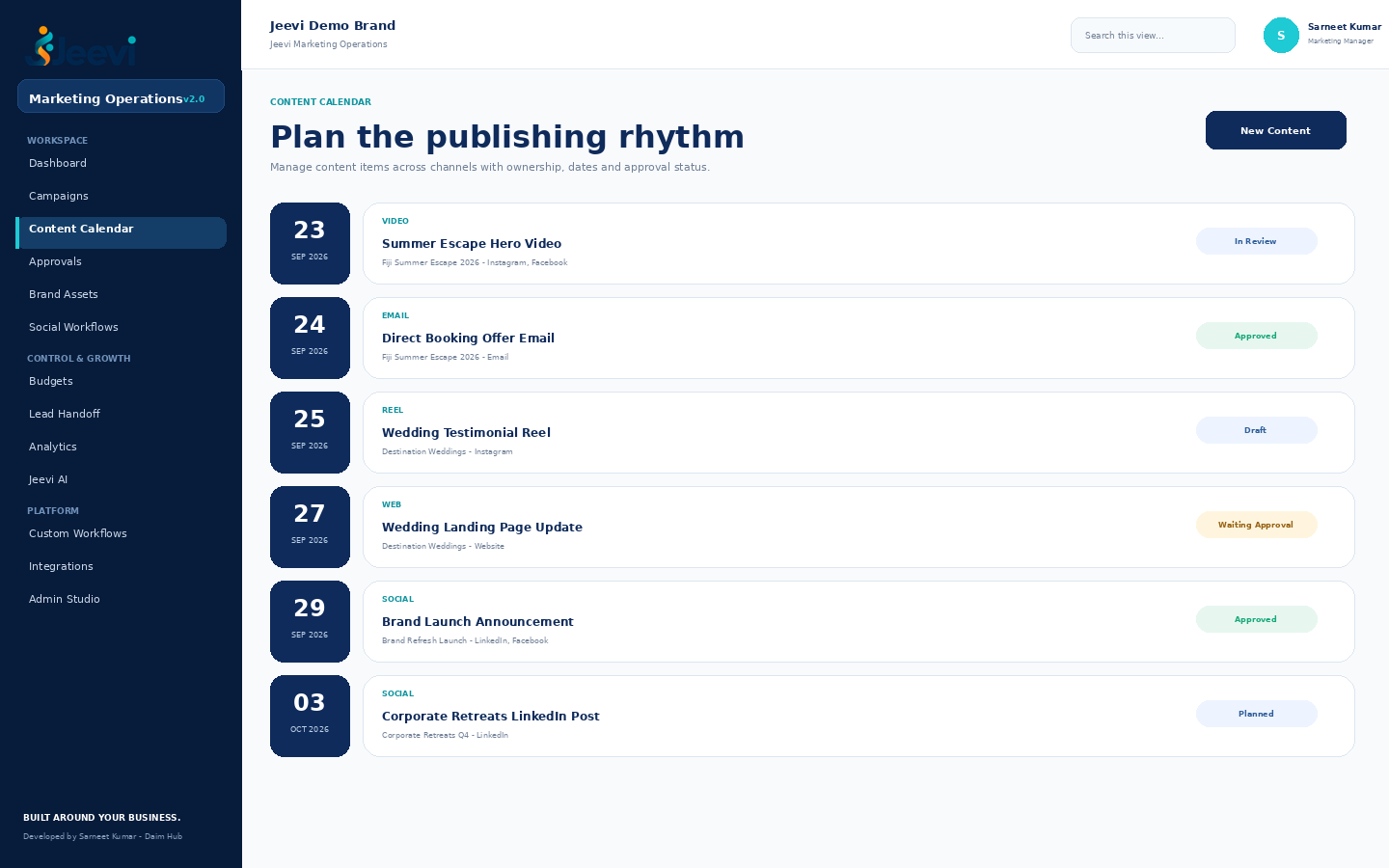Jeevi Marketing Operations content calendar demo